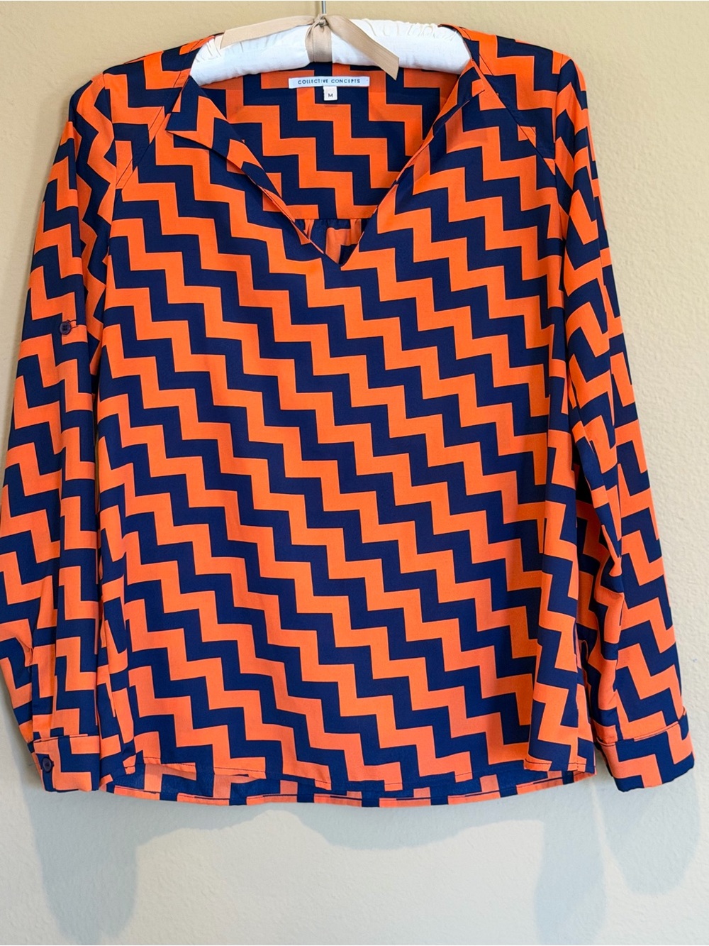 Orange and Navy Chevron Women's Blouse with Adjustable Length Sleeves